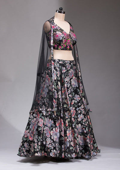 Black Stonework Tissue Readymade Lehenga-koskii