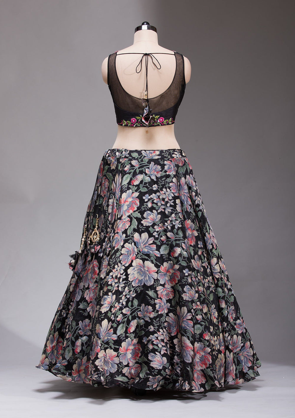 Black Stonework Tissue Readymade Lehenga-koskii