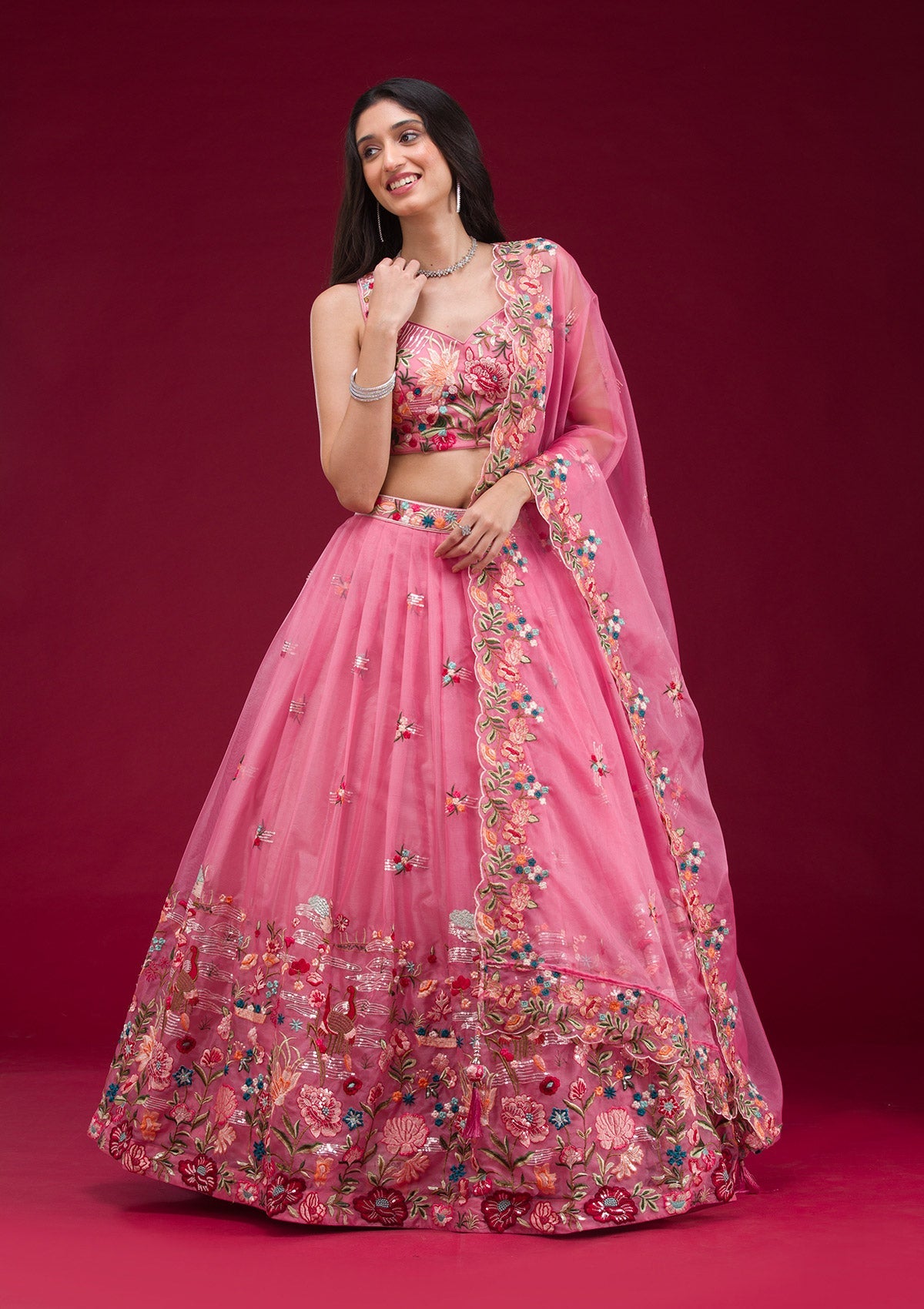 Pink Threadwork Tissue Readymade Lehenga-Koskii