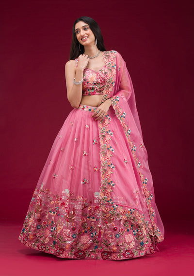 Pink Threadwork Tissue Readymade Lehenga-Koskii