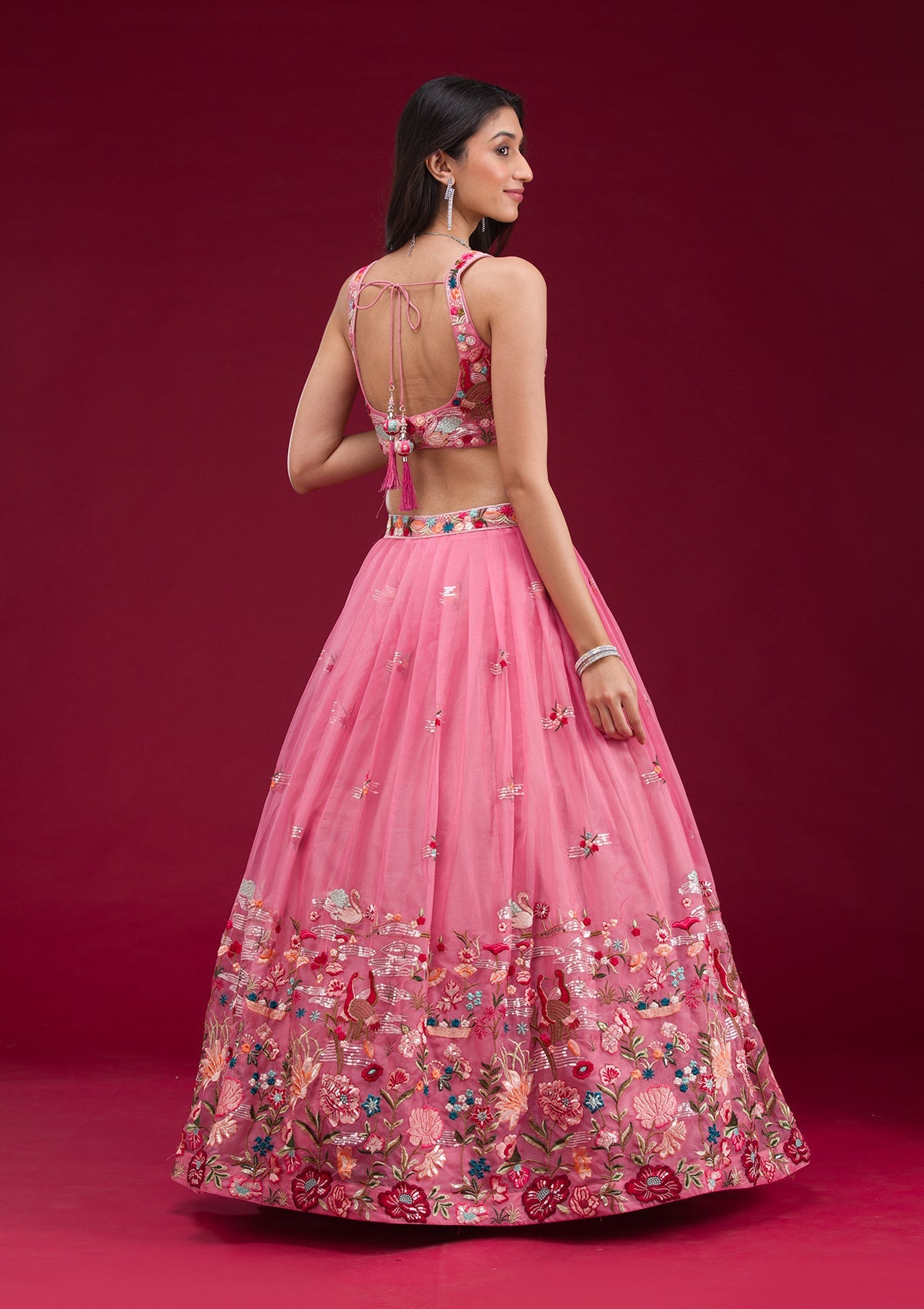 Pink Threadwork Tissue Readymade Lehenga-Koskii