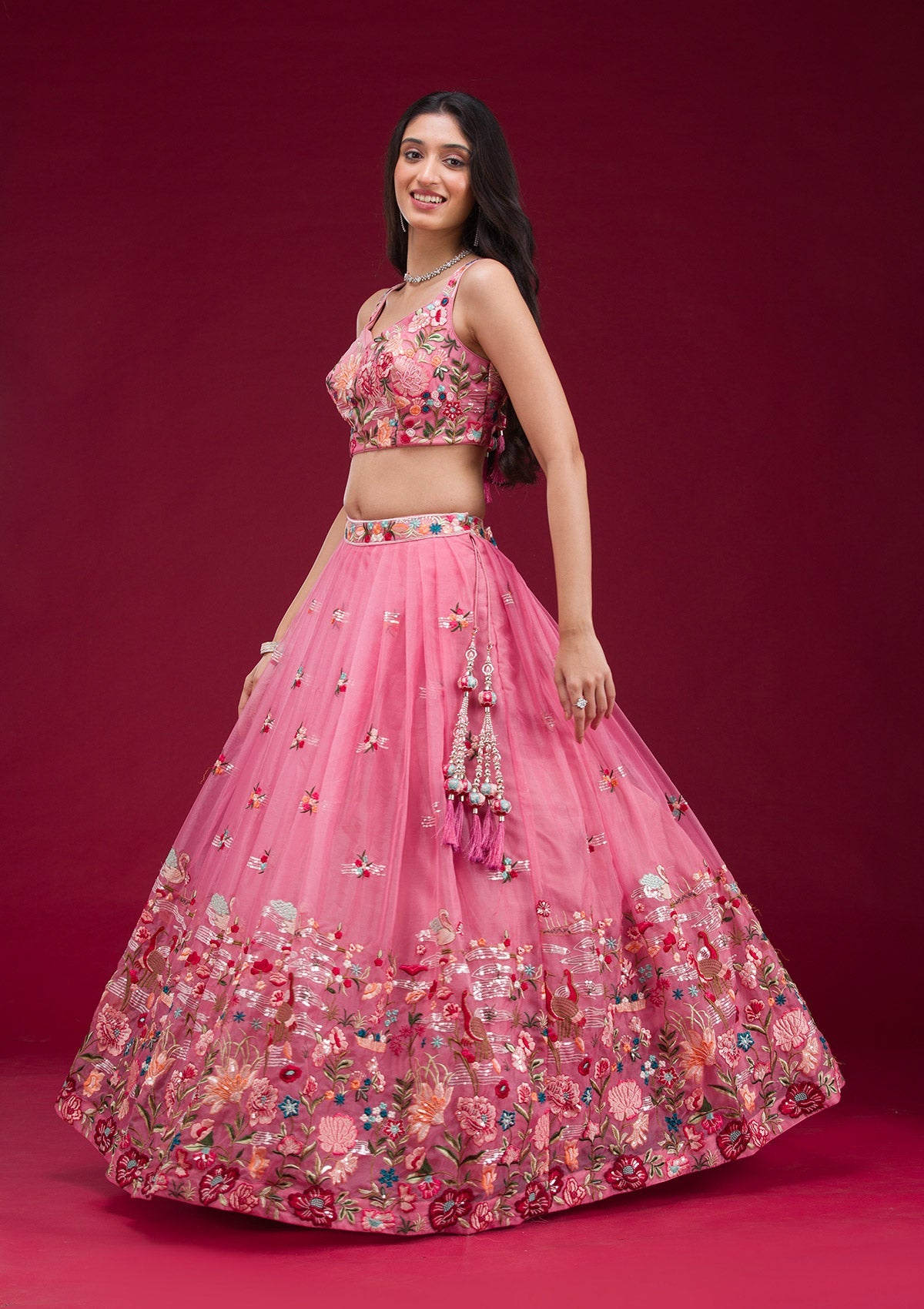 Pink Threadwork Tissue Readymade Lehenga-Koskii