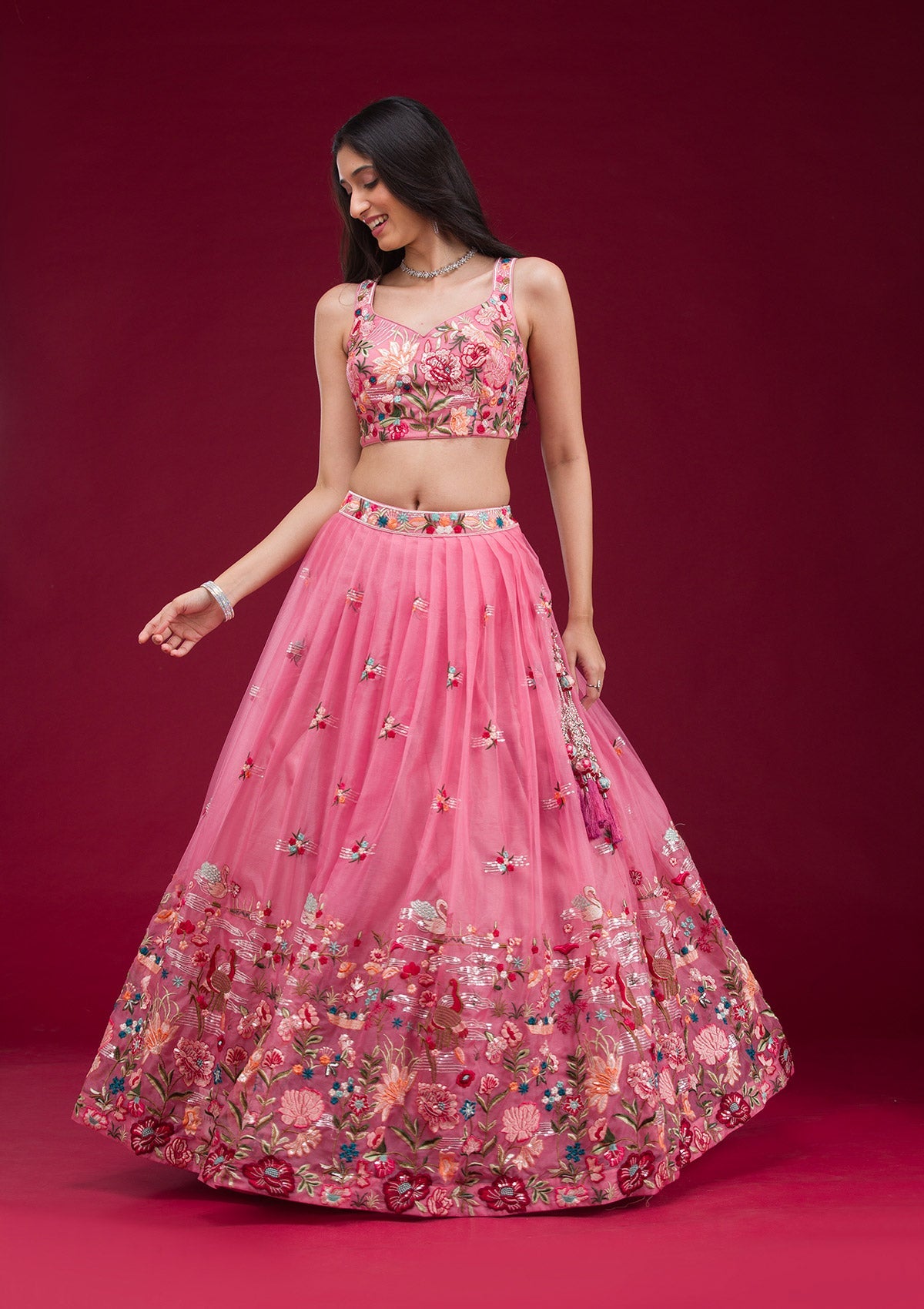 Pink Threadwork Tissue Readymade Lehenga-Koskii