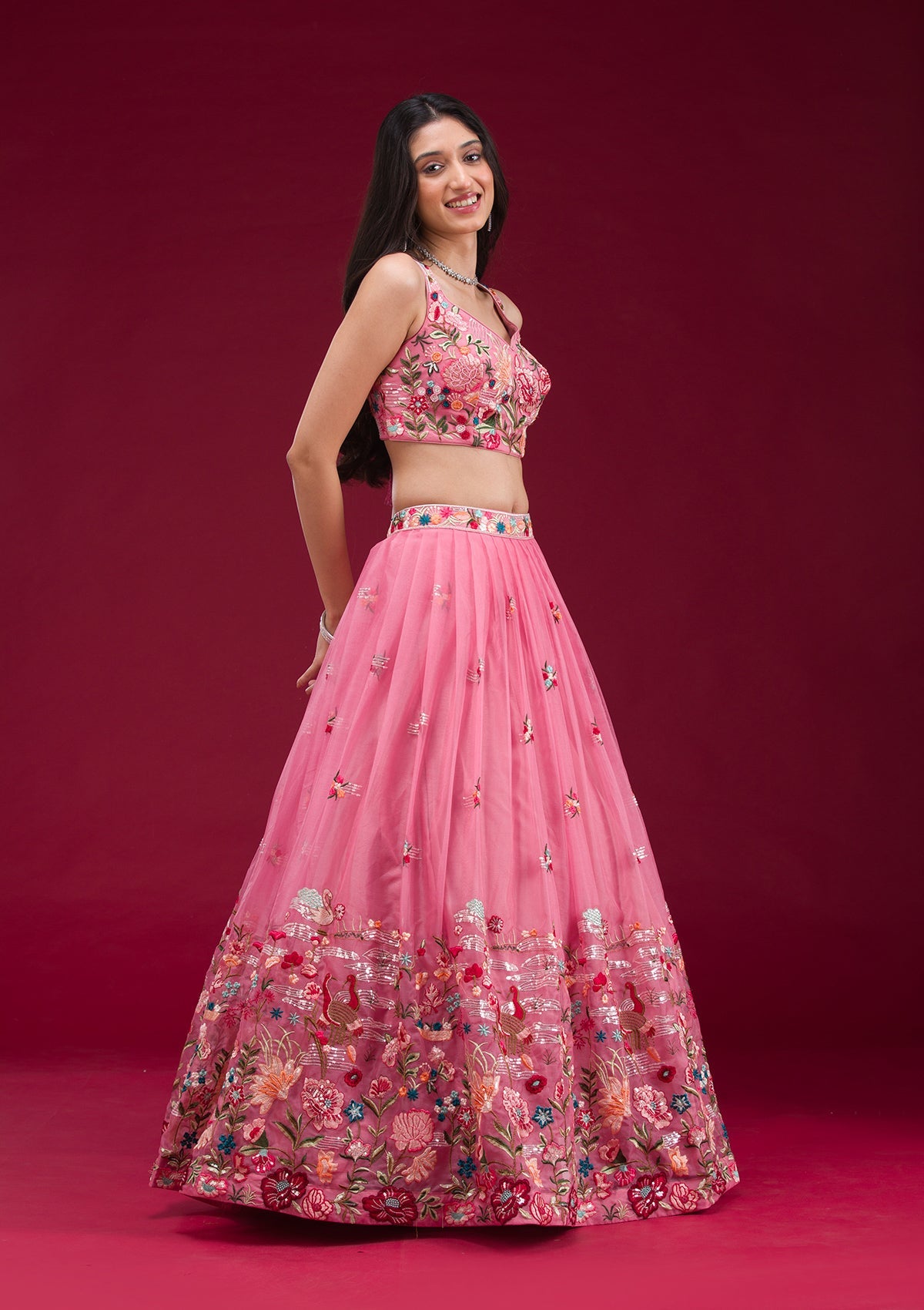 Pink Threadwork Tissue Readymade Lehenga-Koskii