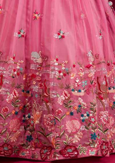 Pink Threadwork Tissue Readymade Lehenga-Koskii