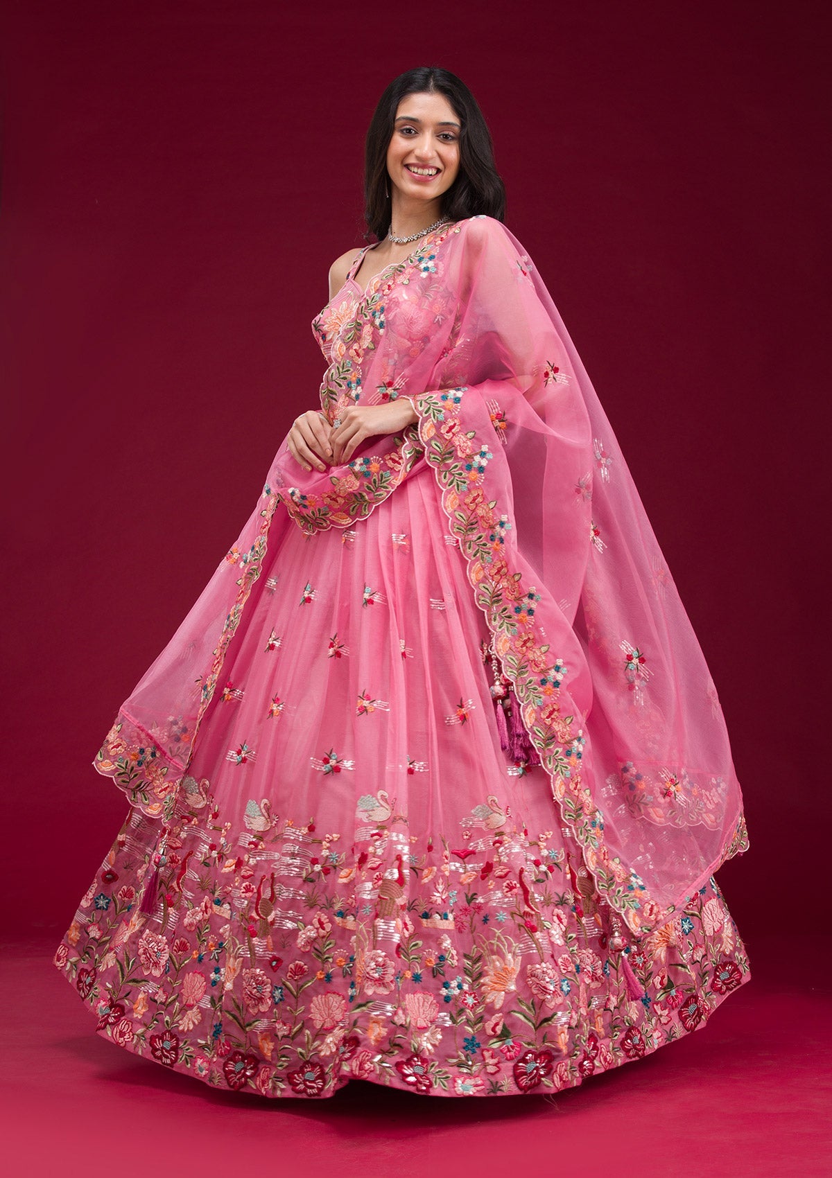 Pink Threadwork Tissue Readymade Lehenga-Koskii