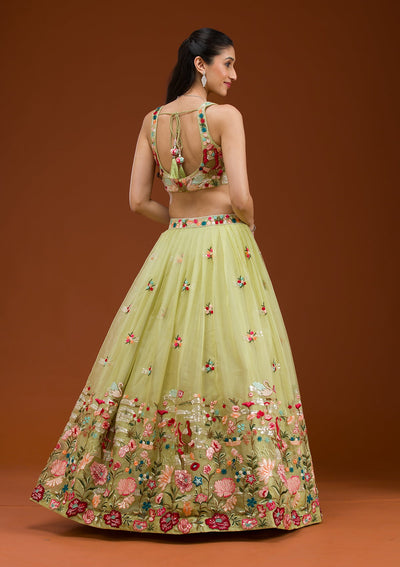 Pista Green Threadwork Tissue Readymade Lehenga-Koskii