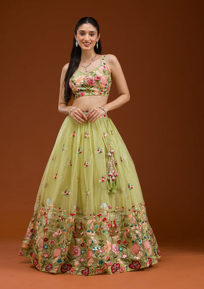 Pista Green Threadwork Tissue Readymade Lehenga-Koskii