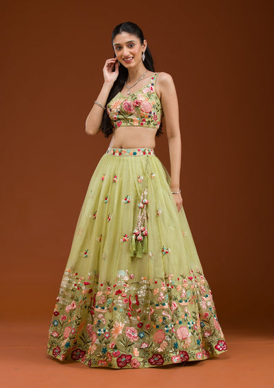 Pista Green Threadwork Tissue Readymade Lehenga-Koskii