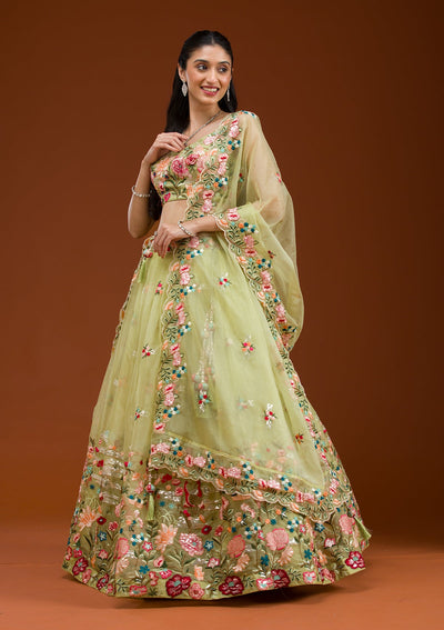 Pista Green Threadwork Tissue Readymade Lehenga-Koskii