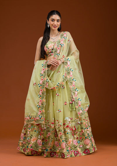 Pista Green Threadwork Tissue Readymade Lehenga-Koskii