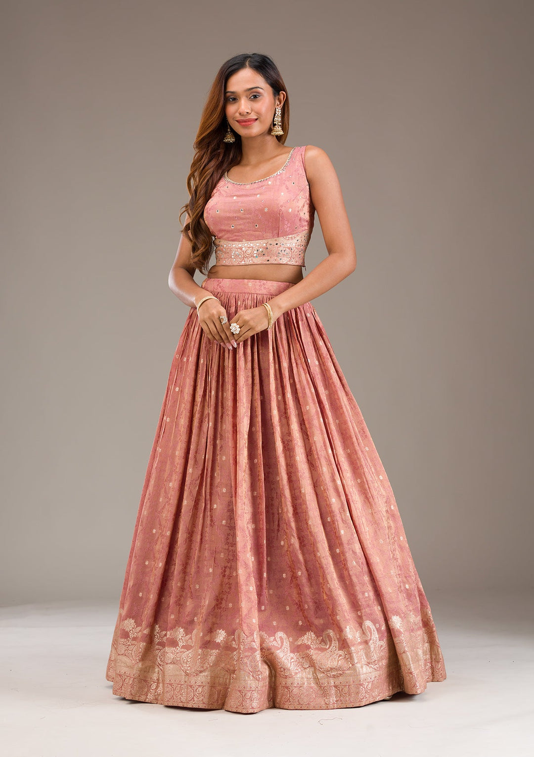 Onion Pink Mirrorwork Semi Crepe Readymade Lehenga