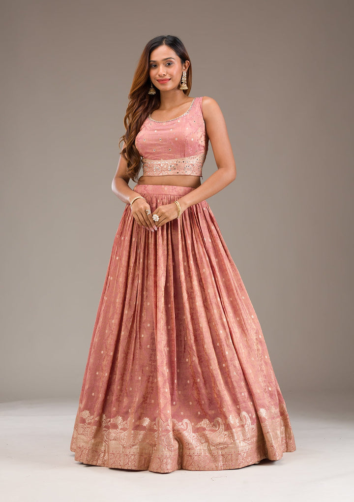 Onion Pink Mirrorwork Semi Crepe Readymade Lehenga