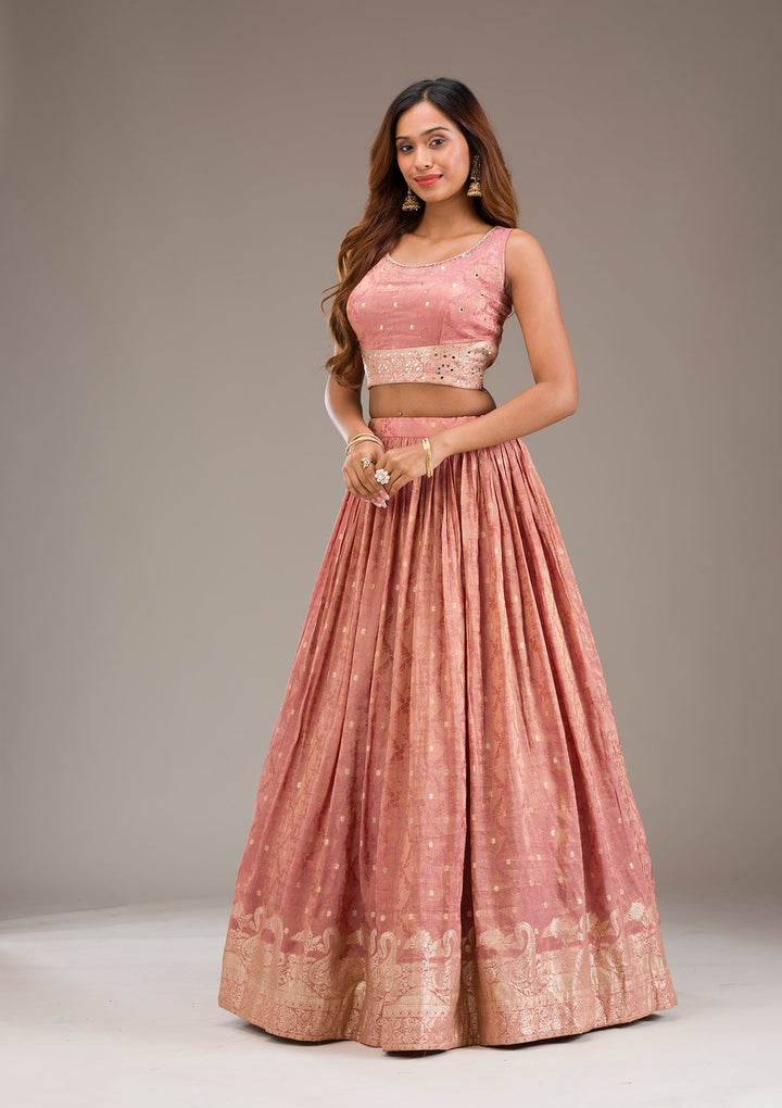 Onion Pink Mirrorwork Semi Crepe Readymade Lehenga