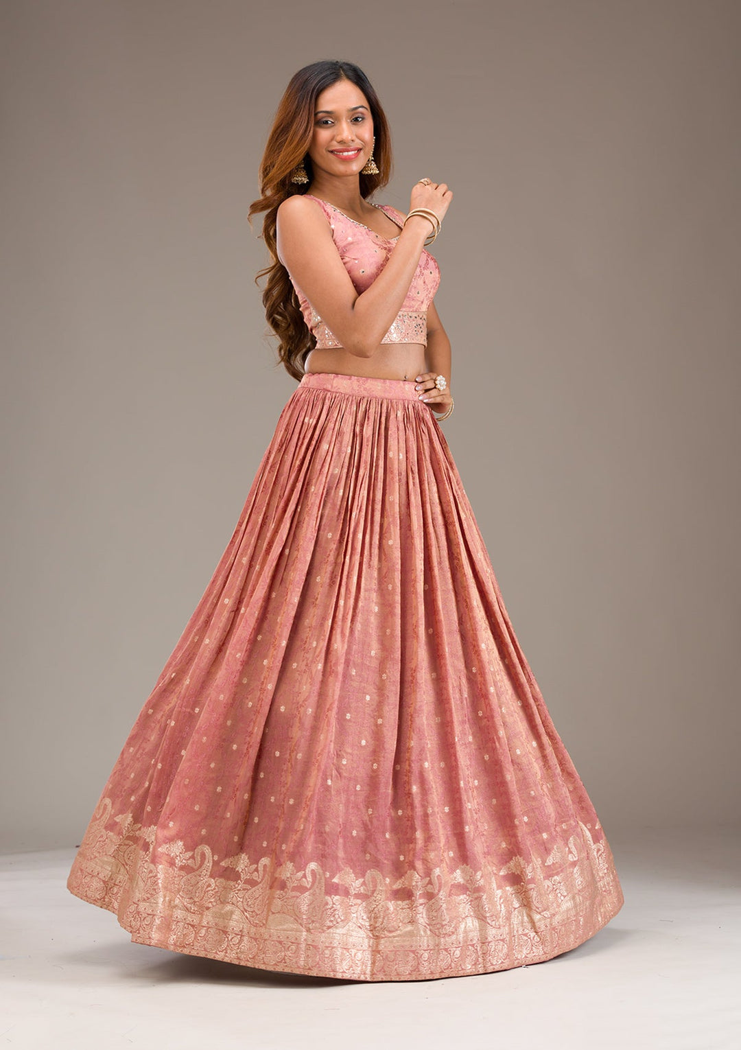 Onion Pink Mirrorwork Semi Crepe Readymade Lehenga