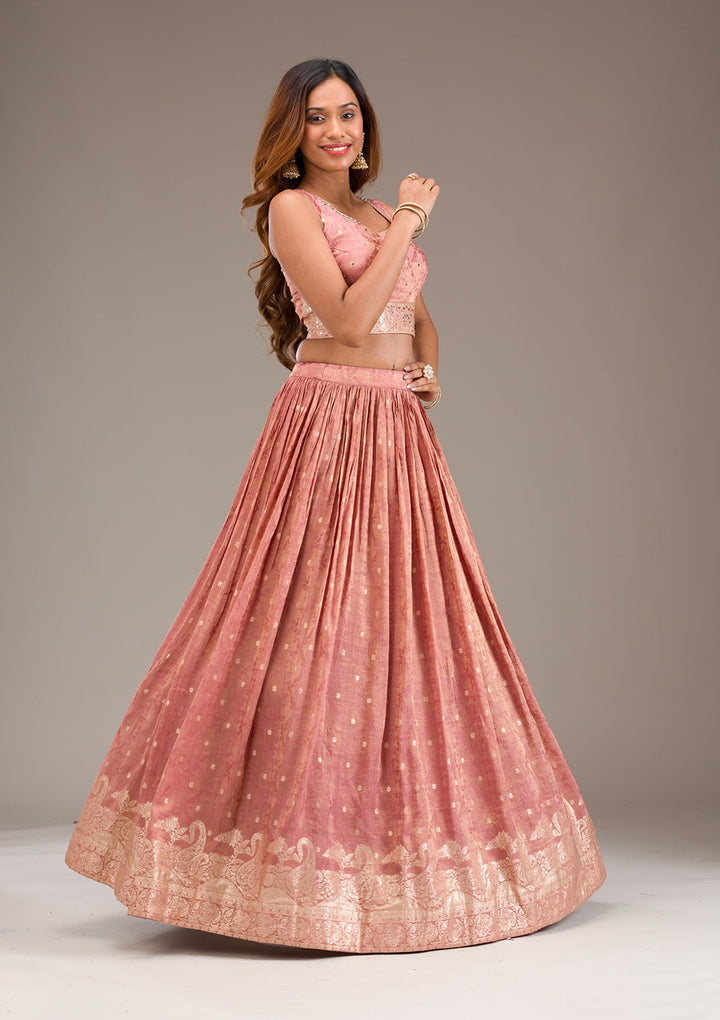 Onion Pink Mirrorwork Semi Crepe Readymade Lehenga