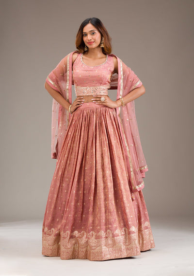 Onion Pink Mirrorwork Semi Crepe Readymade Lehenga-Koskii