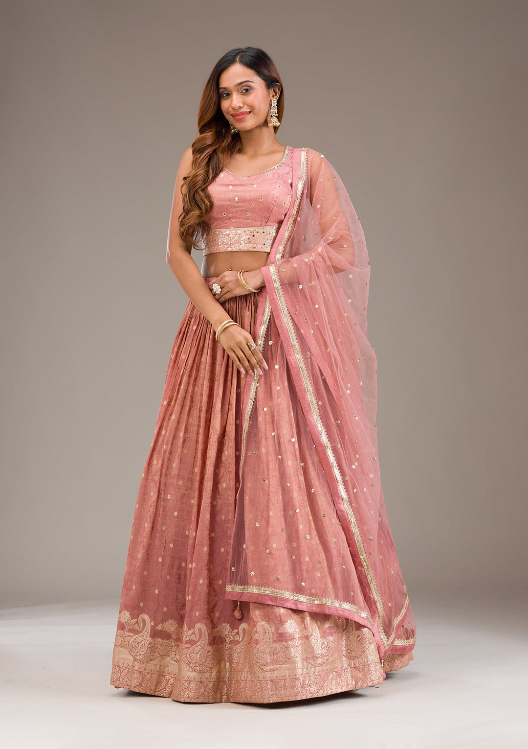 Onion Pink Mirrorwork Semi Crepe Readymade Lehenga