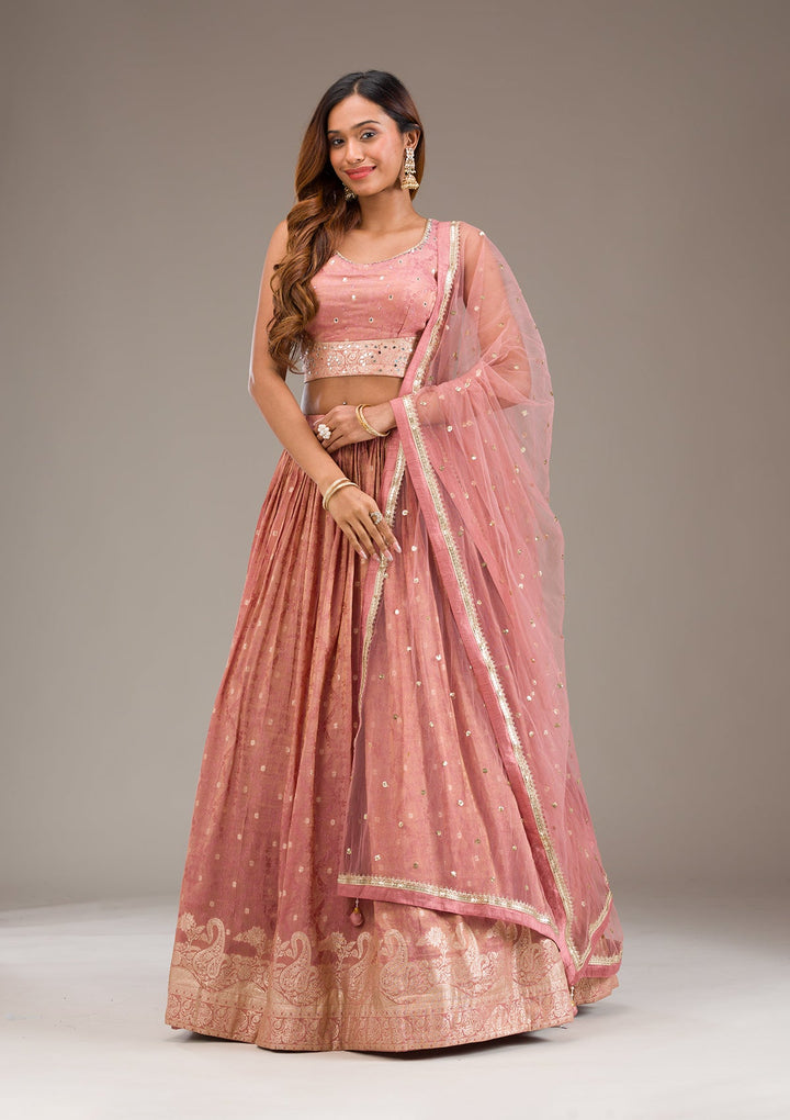 Onion Pink Mirrorwork Semi Crepe Readymade Lehenga