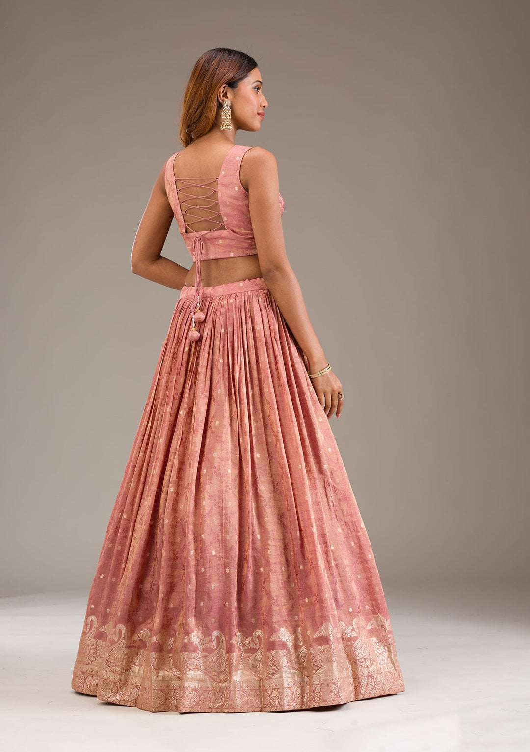 Onion Pink Mirrorwork Semi Crepe Readymade Lehenga