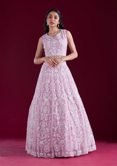 Baby Pink Threadwork Net Readymade Lehenga-Koskii