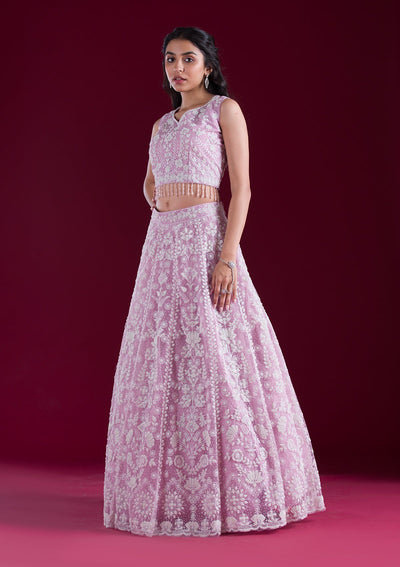 Baby Pink Threadwork Net Readymade Lehenga-Koskii