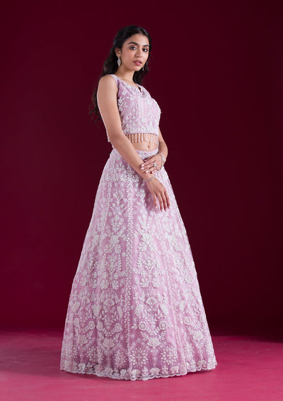 Baby Pink Threadwork Net Readymade Lehenga-Koskii