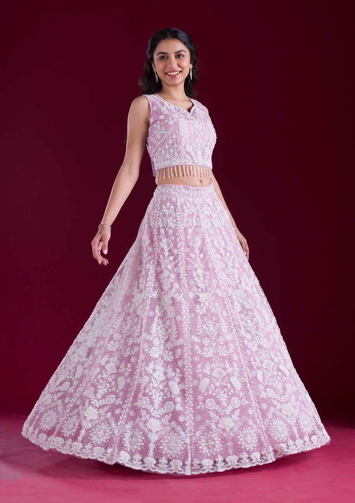 Baby Pink Threadwork Net Readymade Lehenga-Koskii