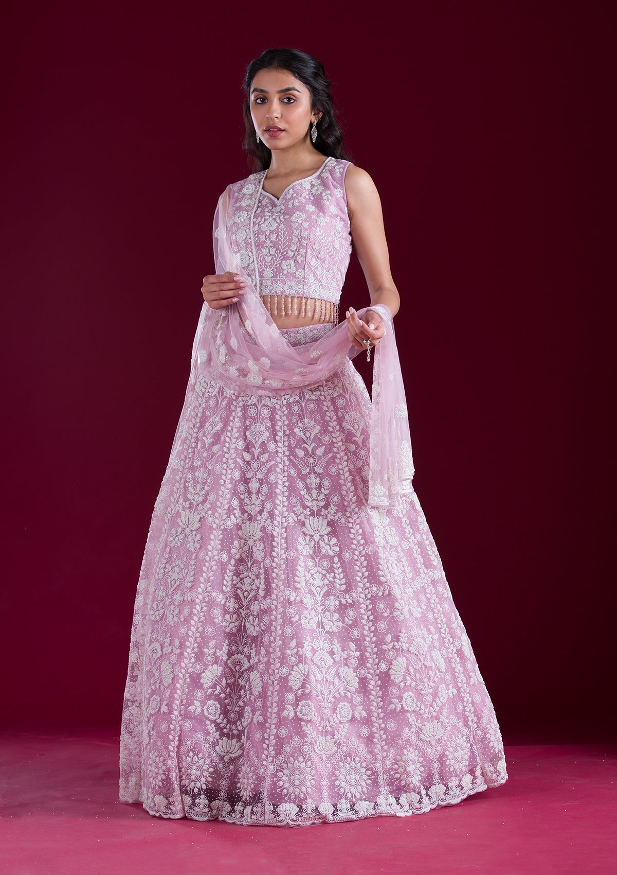 Baby Pink Threadwork Net Readymade Lehenga-Koskii