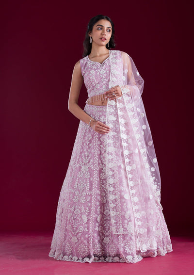 Baby Pink Threadwork Net Readymade Lehenga-Koskii