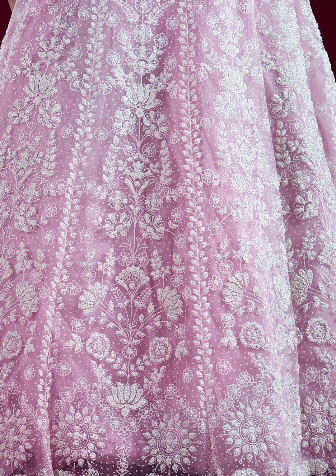 Baby Pink Threadwork Net Readymade Lehenga-Koskii