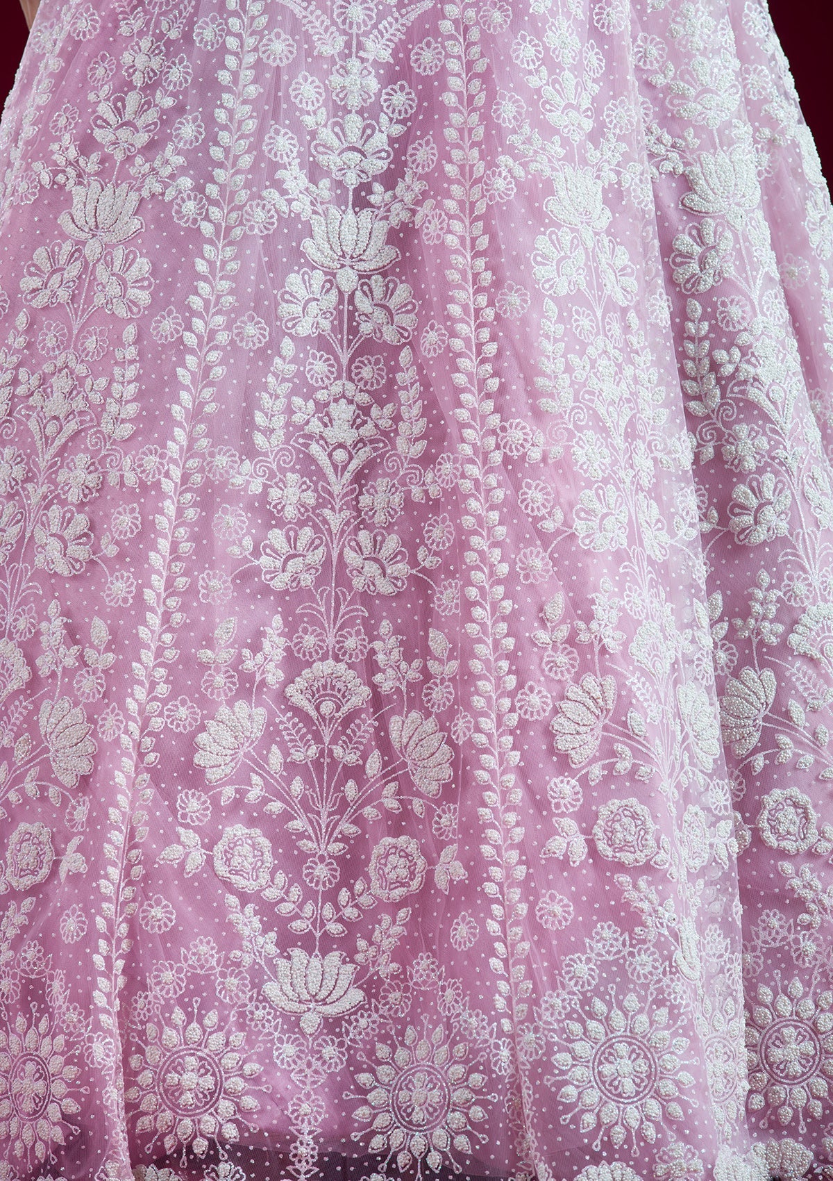 Baby Pink Threadwork Net Readymade Lehenga-Koskii