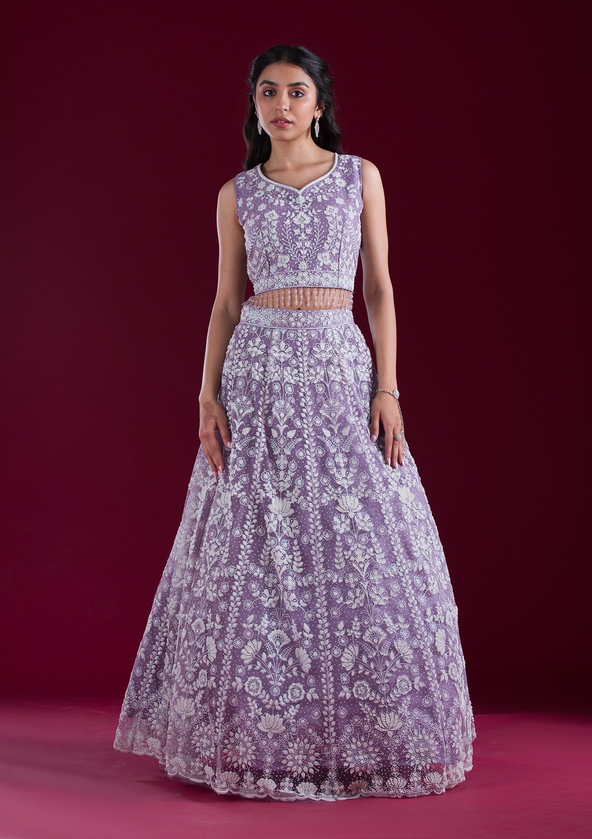 Lavender Threadwork Net Readymade Lehenga-Koskii