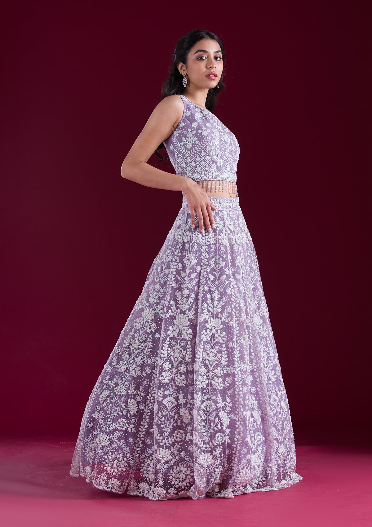 Lavender Threadwork Net Readymade Lehenga-Koskii