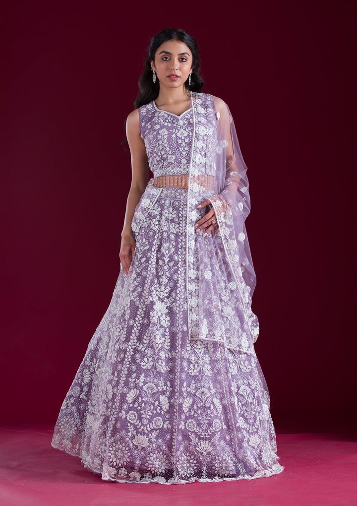 Lavender Threadwork Net Readymade Lehenga-Koskii