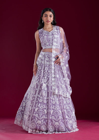 Lavender Threadwork Net Readymade Lehenga-Koskii