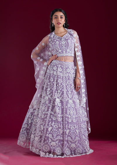 Lavender Threadwork Net Readymade Lehenga-Koskii