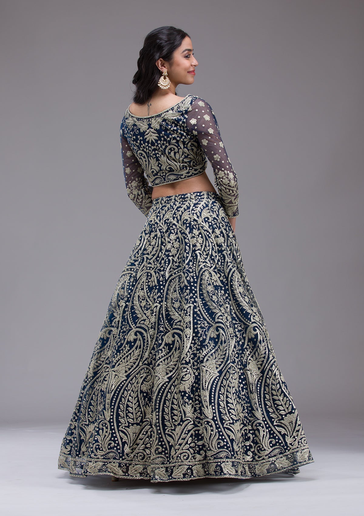 Peacock Blue Threadwork Net Readymade Lehenga-Koskii