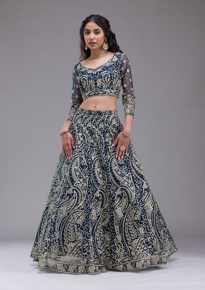 Peacock Blue Threadwork Net Readymade Lehenga-Koskii