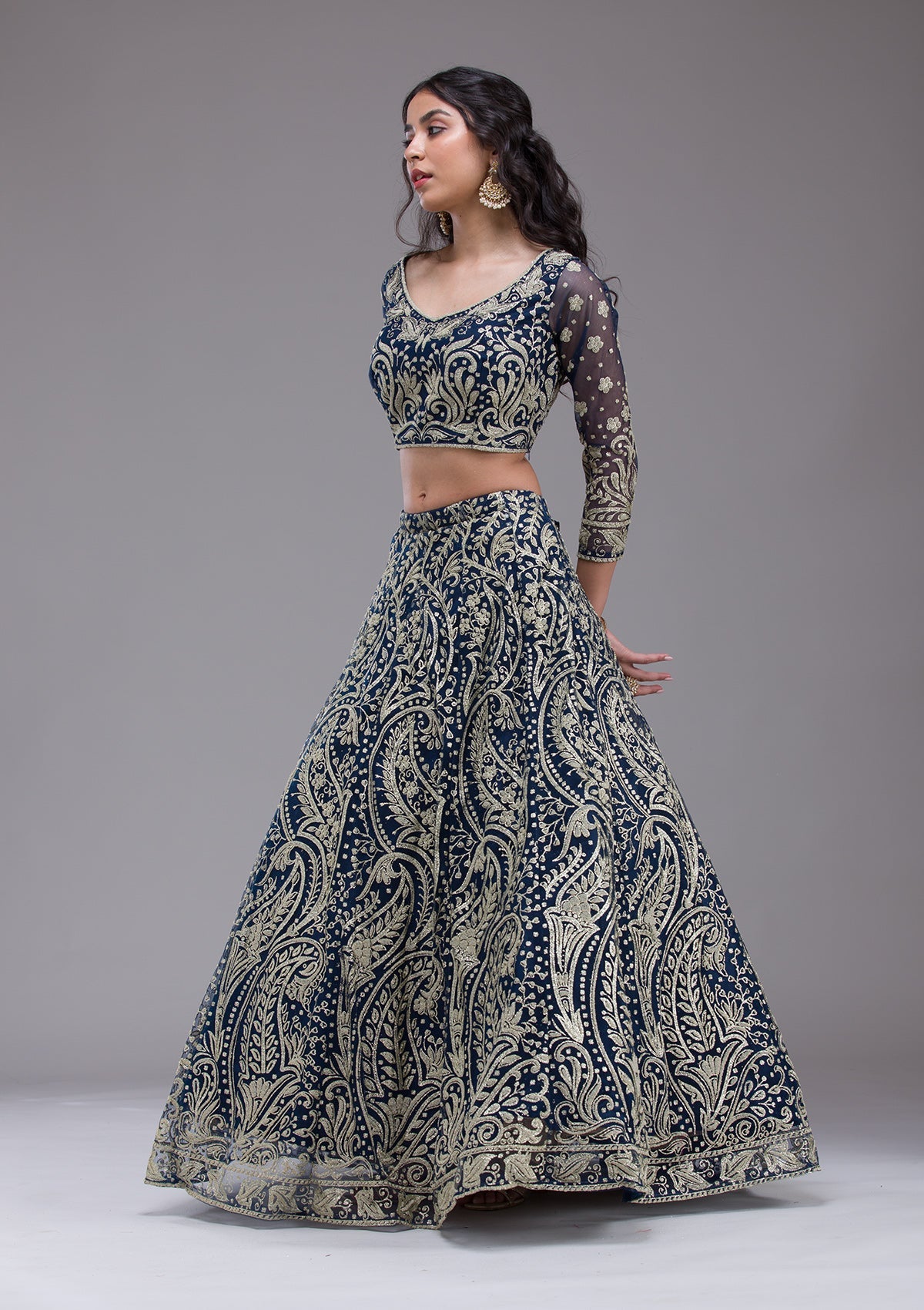 Peacock Blue Threadwork Net Readymade Lehenga-Koskii