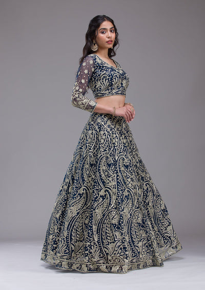 Peacock Blue Threadwork Net Readymade Lehenga-Koskii