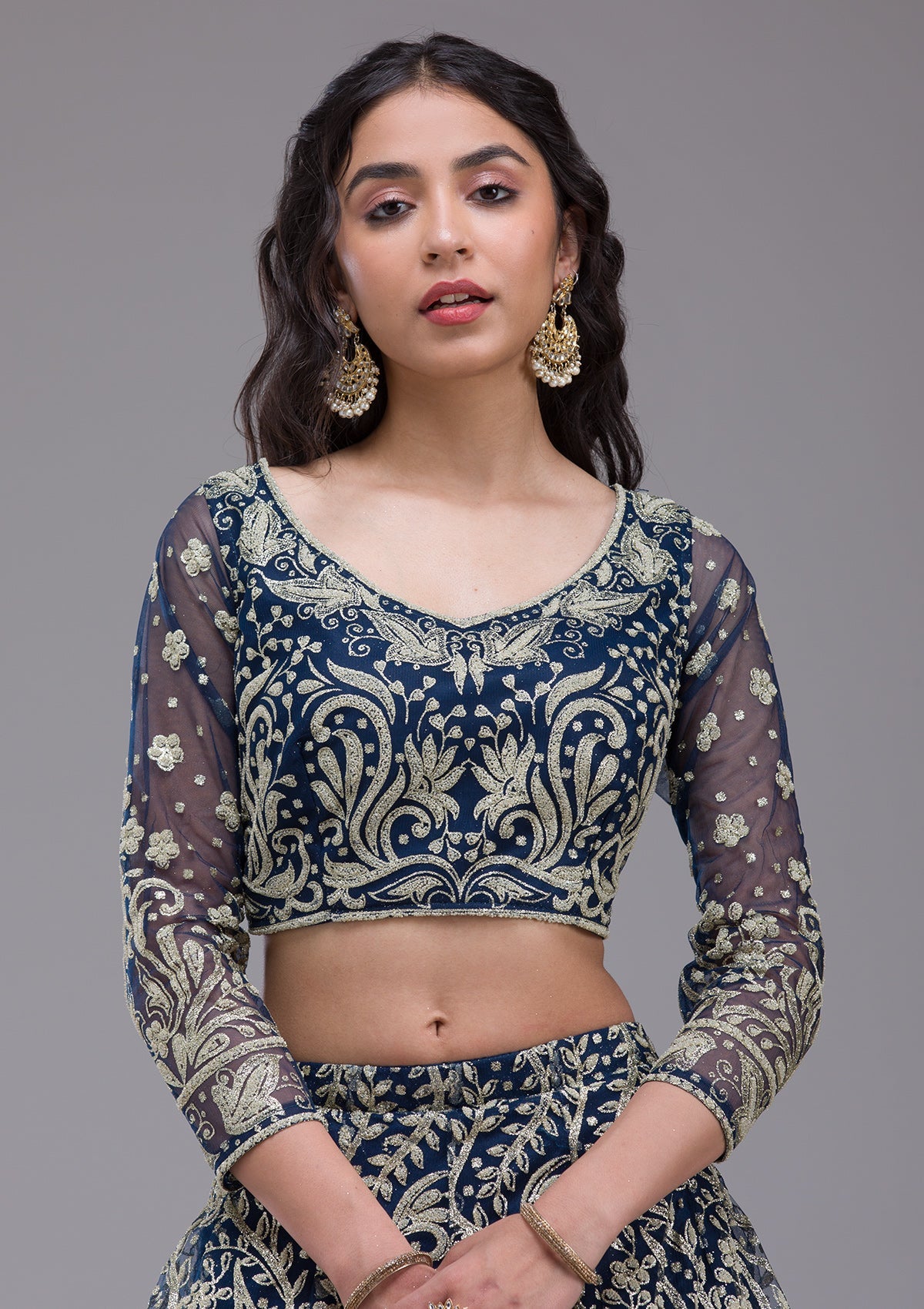 Peacock Blue Threadwork Net Readymade Lehenga-Koskii