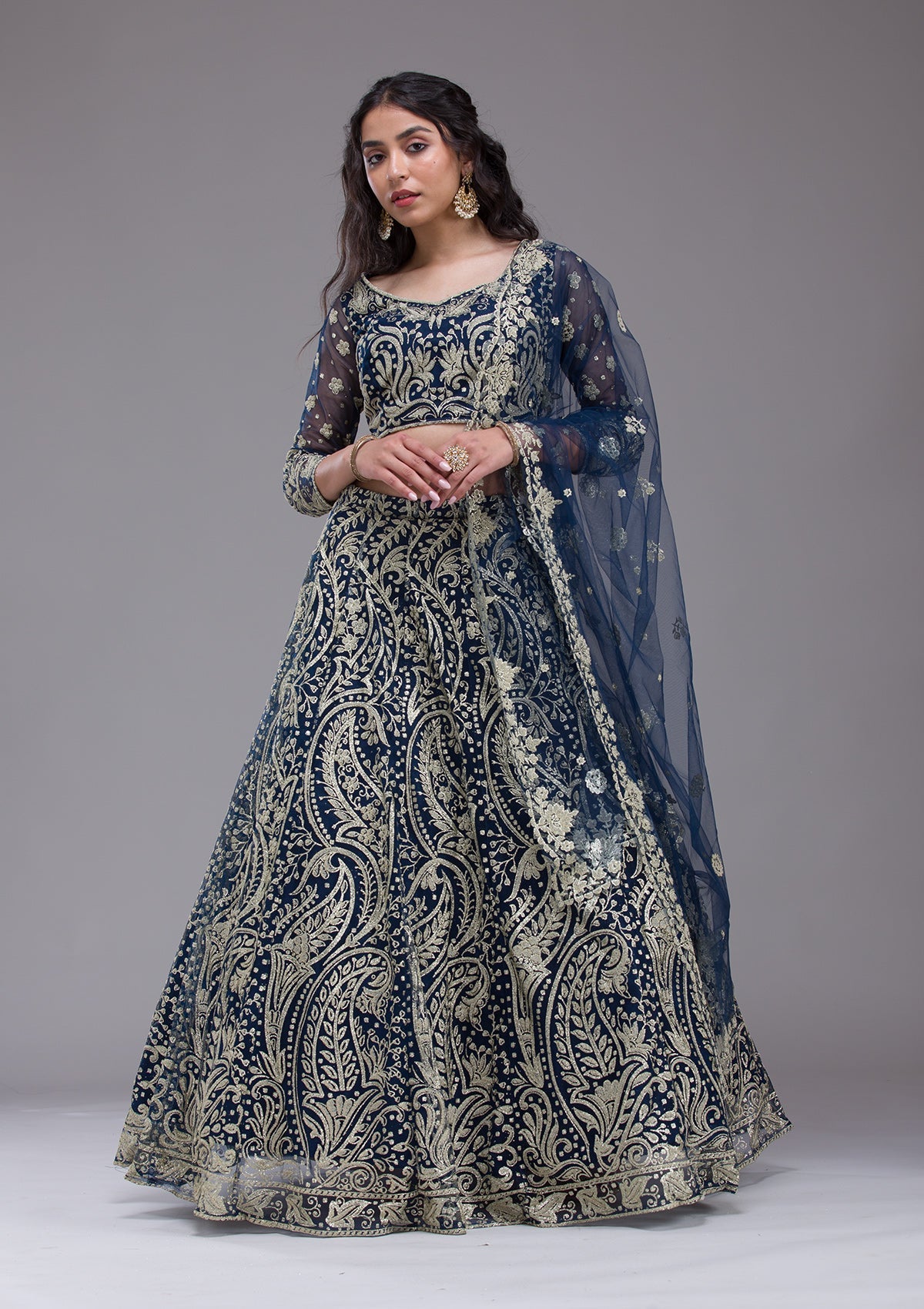 Peacock Blue Threadwork Net Readymade Lehenga-Koskii