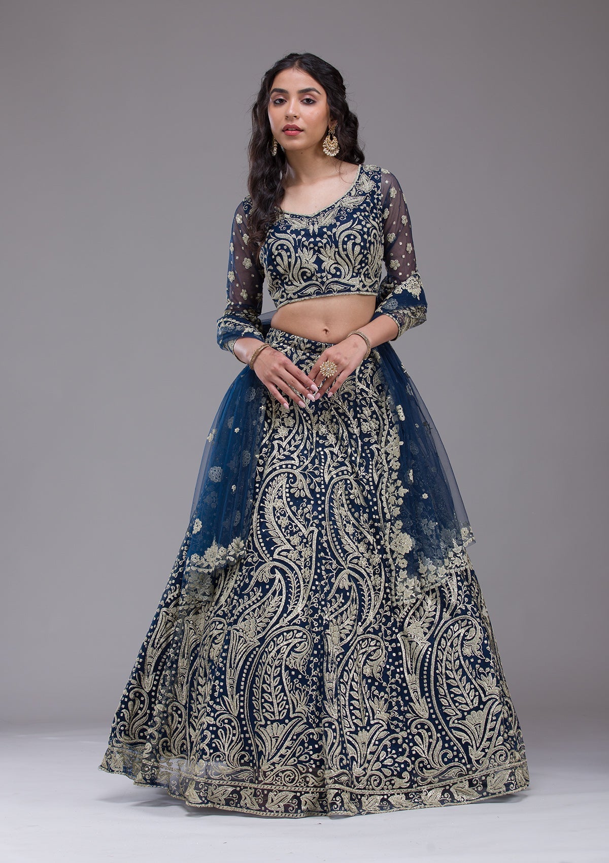 Peacock Blue Threadwork Net Readymade Lehenga-Koskii