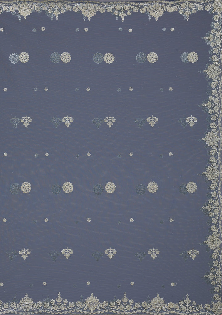 Peacock Blue Threadwork Net Readymade Lehenga-Koskii