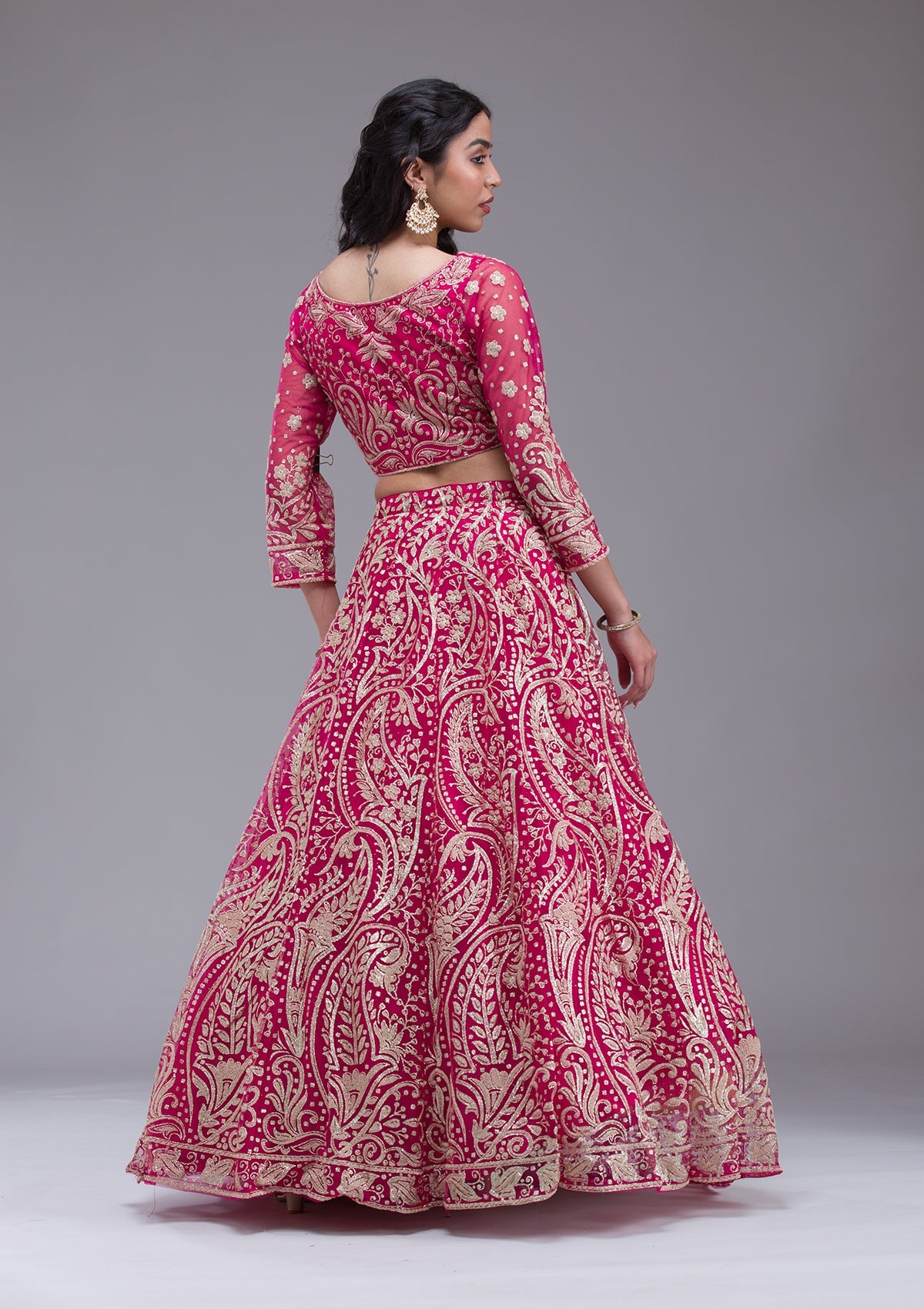 Rani Pink Threadwork Net Readymade Lehenga-Koskii