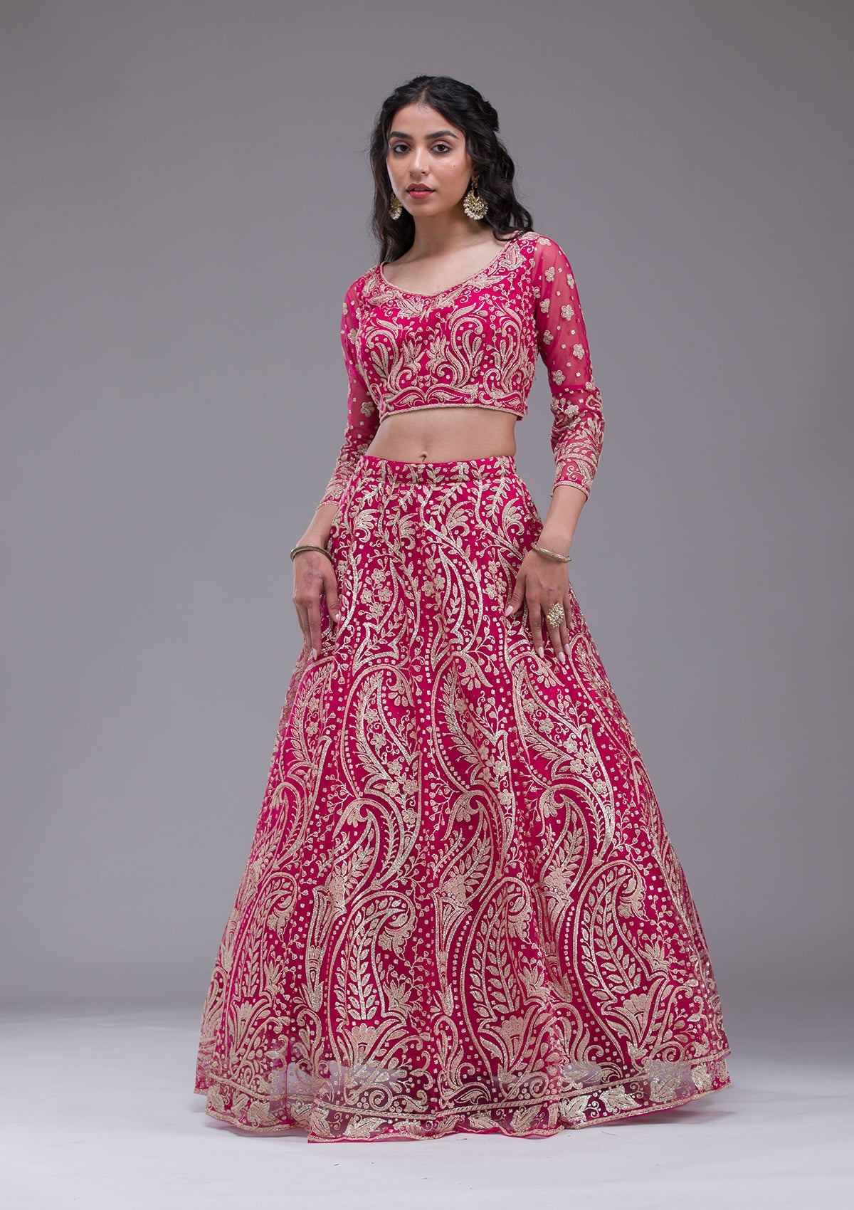 Rani Pink Threadwork Net Readymade Lehenga-Koskii