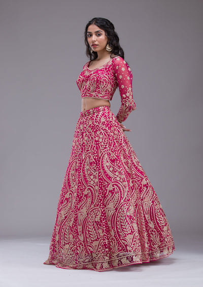 Rani Pink Threadwork Net Readymade Lehenga-Koskii