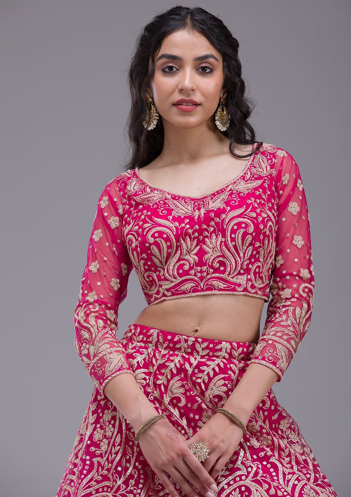 Rani Pink Threadwork Net Readymade Lehenga-Koskii