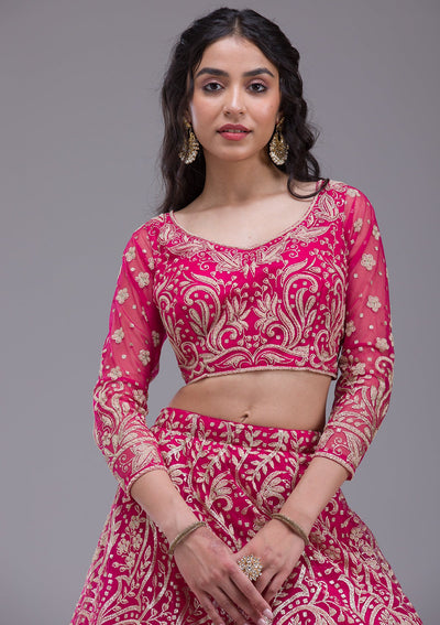 Rani Pink Threadwork Net Readymade Lehenga-Koskii